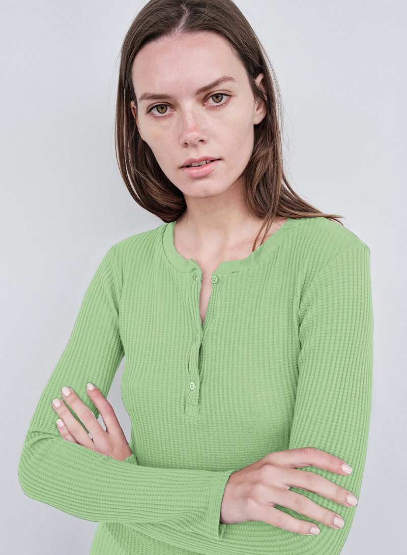 Luxe Thermal Henley Top in Wasabi close up left