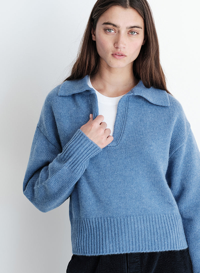 Wool/Cashmere Johnny Collar Sweater in Denim-close up front