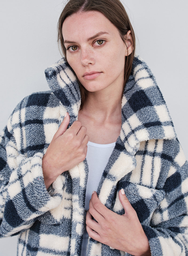 Double Faced Sherpa Jacket in Navy/Cream Plaid front