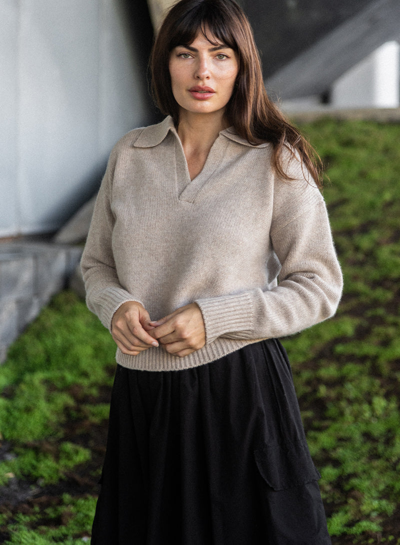 Cozy Cashmere Blend Johnny Collar Sweater in Camel paired with black cargo skirt