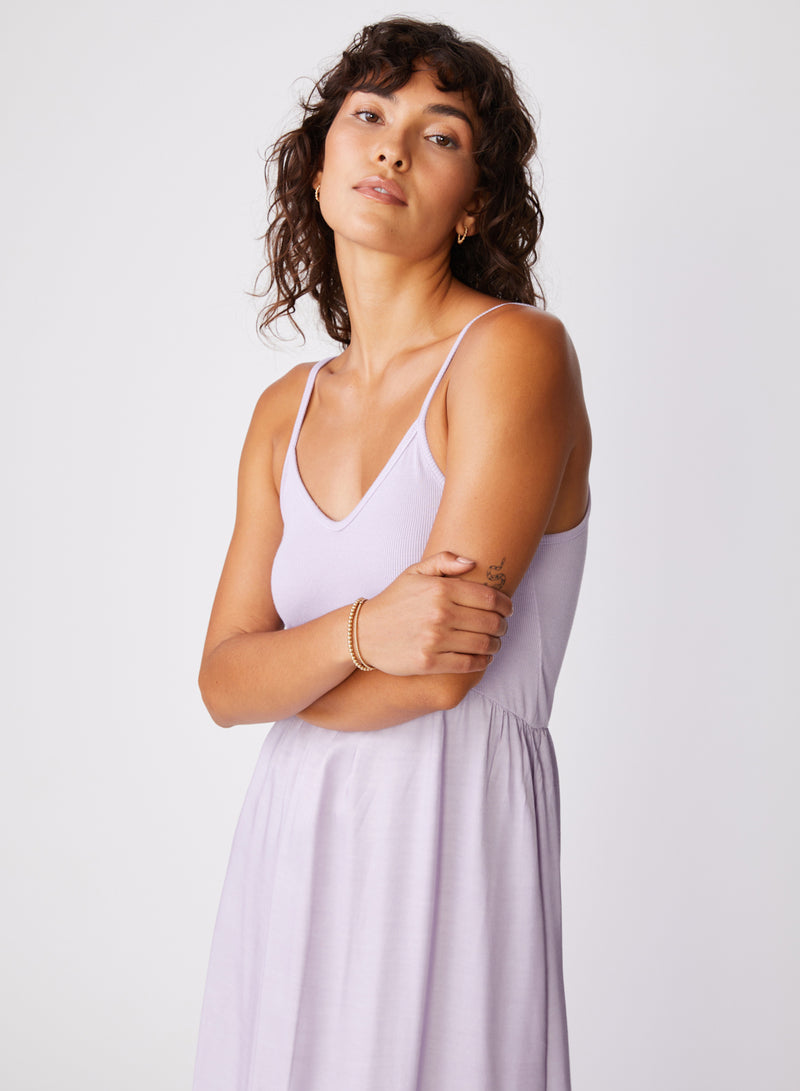 Viscose Satin Mixed Media Cami Dress in Lilac - right side arms crossed
