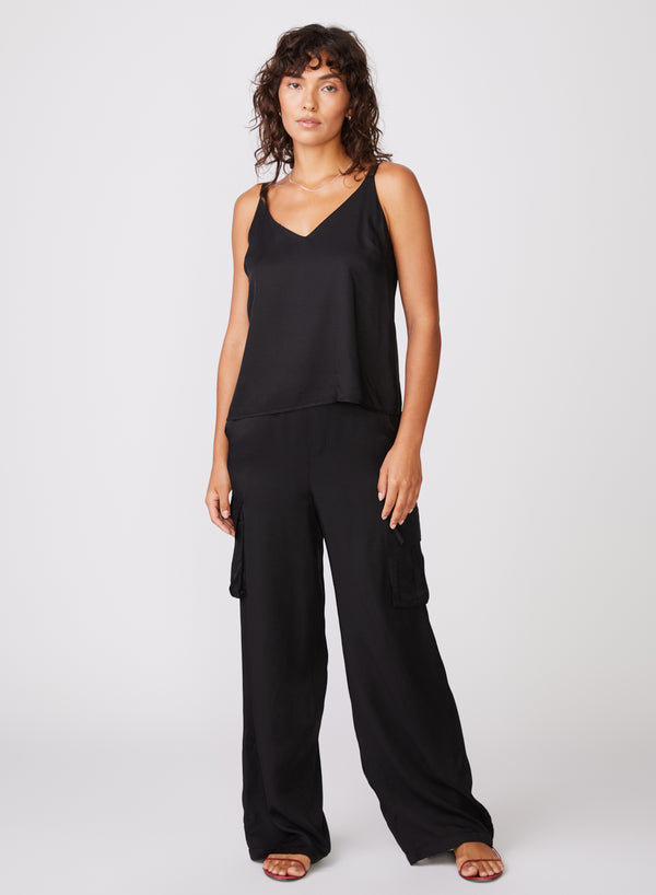 Viscose Satin Cargo Pant in Black - full view standing