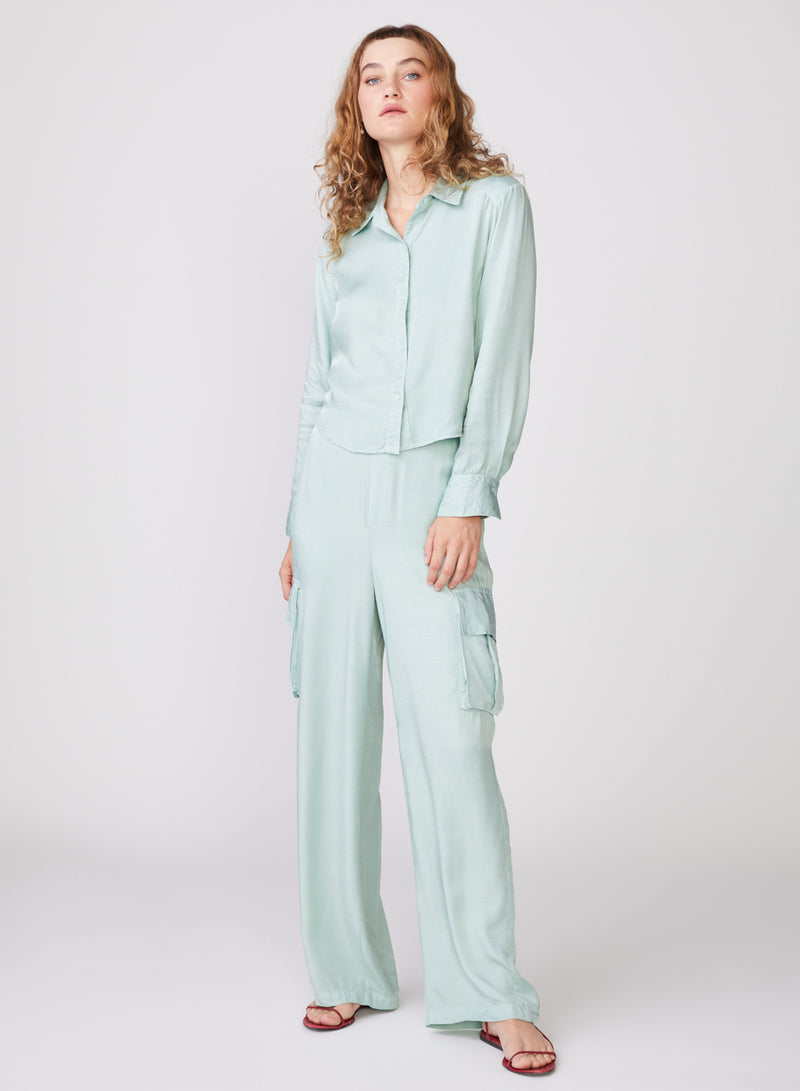 Viscose Satin Cargo Pant in Honeydew - 3/4 front full view