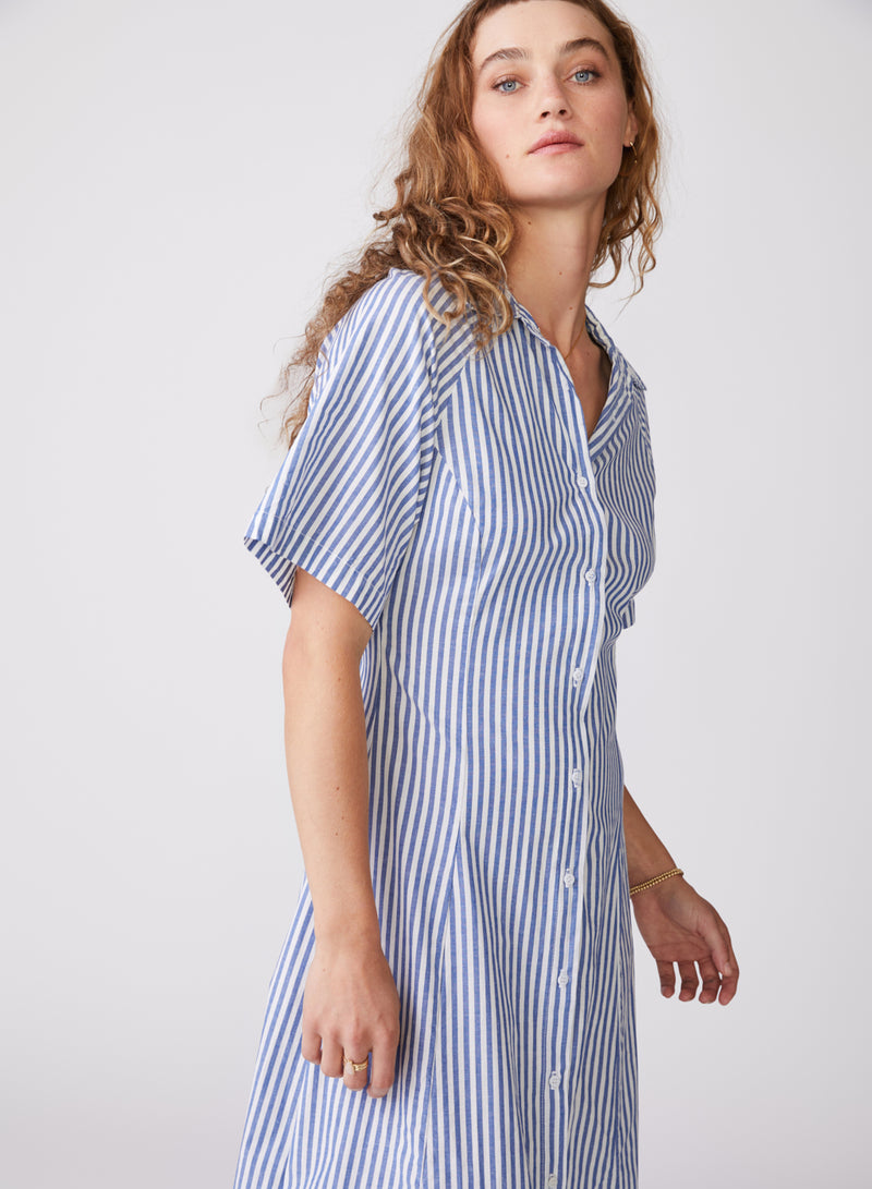 Stateside Stripe Poplin Maxi Shirt Dress in Denim - side