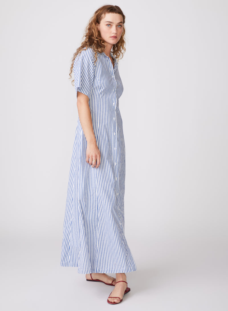 Stateside Stripe Poplin Maxi Shirt Dress in Denim - side full length