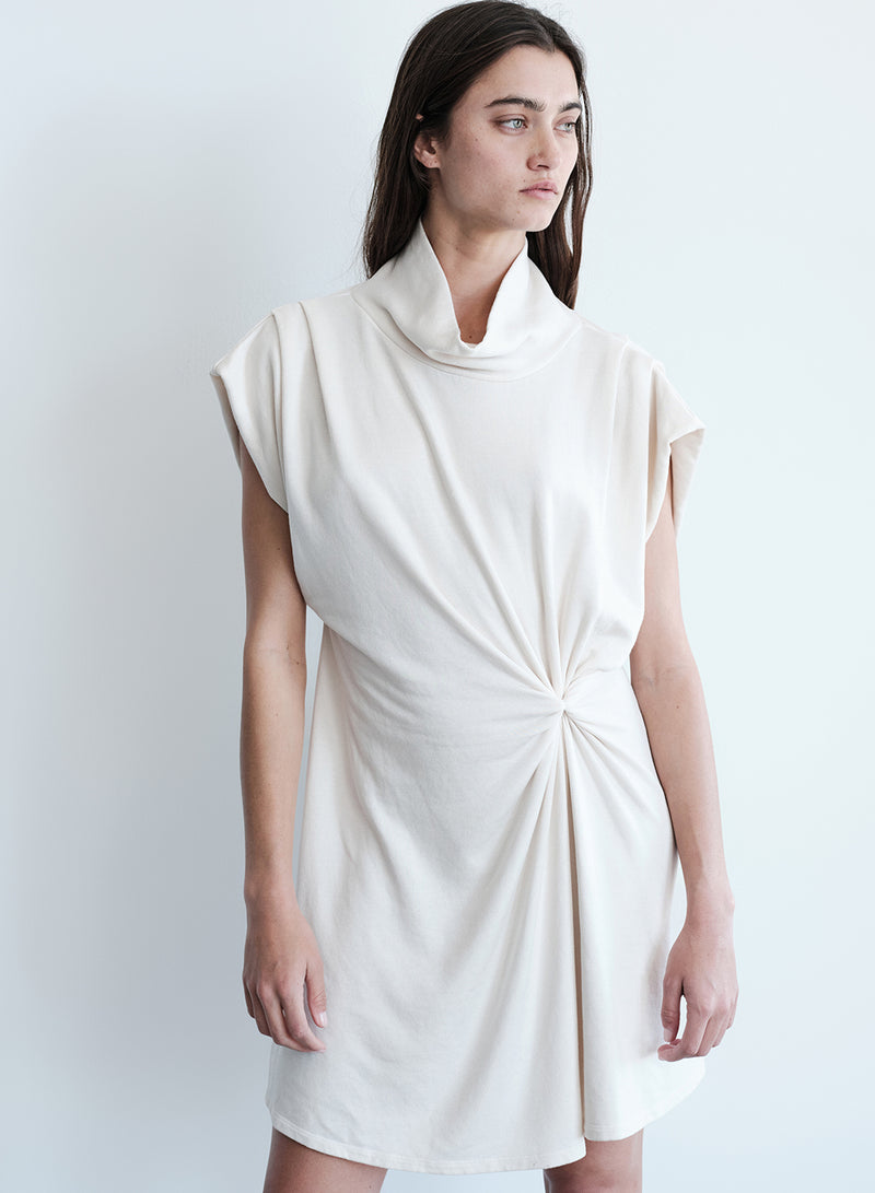 Softest Fleece Twist Midi Dress in Cream-3/4 front