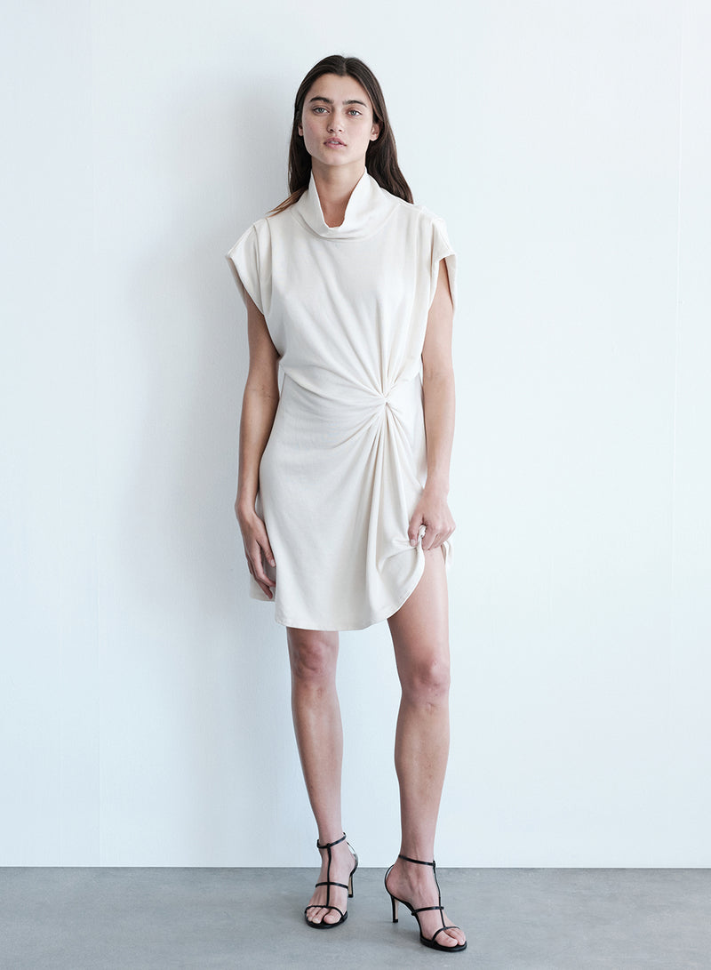 Softest Fleece Twist Midi Dress in Cream- full length front