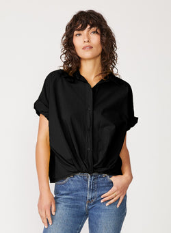 Poplin Short Sleeve Front Twist Button Up Shirt in Black