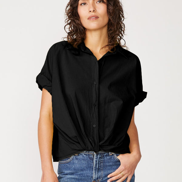 Voile Short Sleeve Front Twist Button Up Shirt in Black