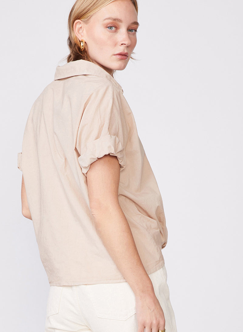 Poplin Short Sleeve Front Twist Button Up Shirt in Wheat