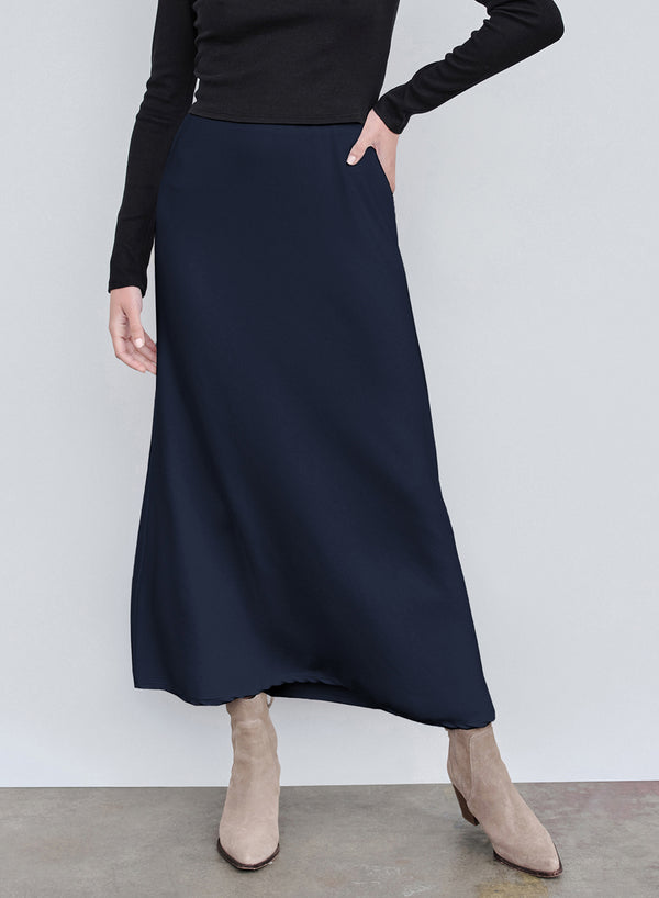 Rib Bias Cut Skirt in New Navy front close up