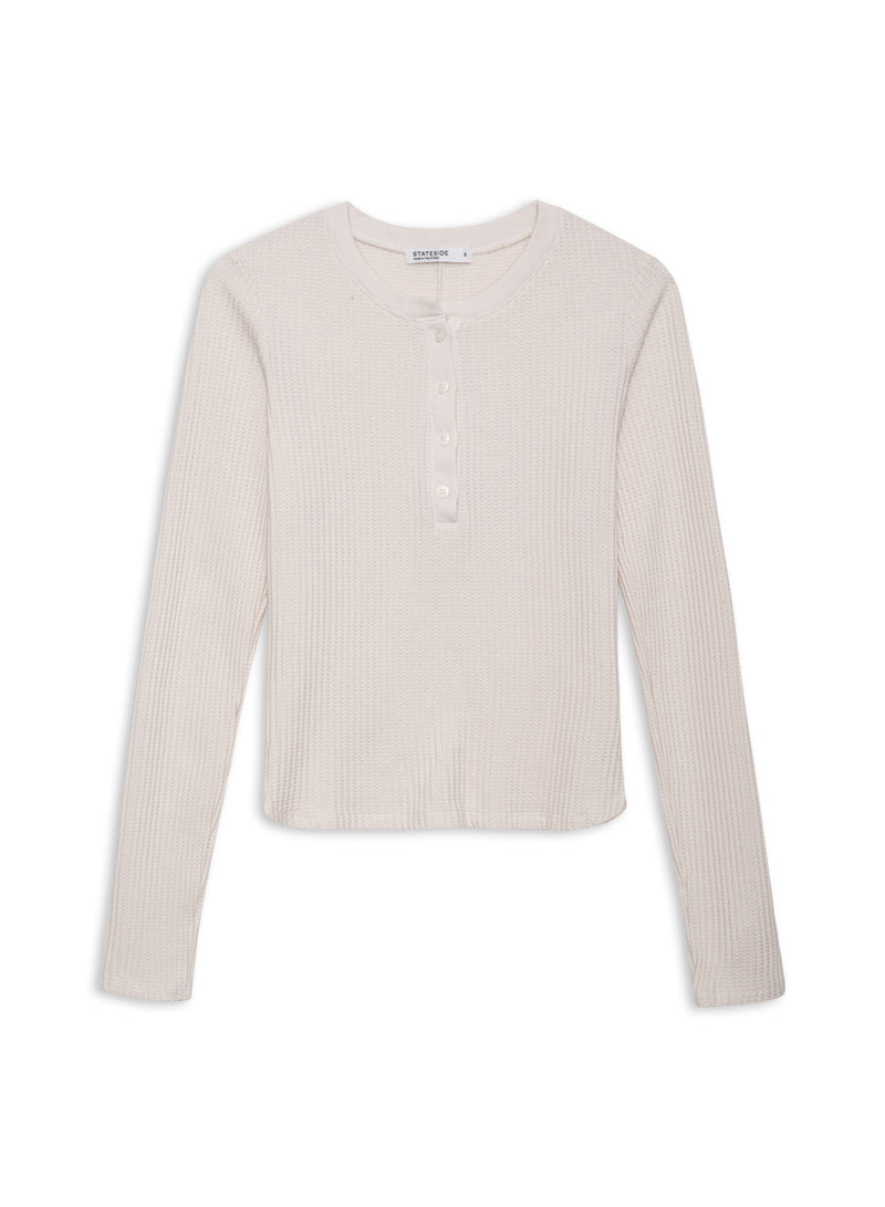 Luxe Thermal Long Sleeve Slim Henley in Cream- flat lay ( front)
