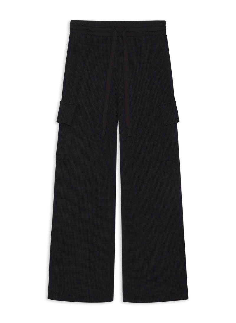 Luxe Thermal Drawstring Cargo Pant in Black-front