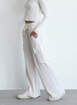 Luxe Thermal Drawstring Cargo Pant in Cream-side
