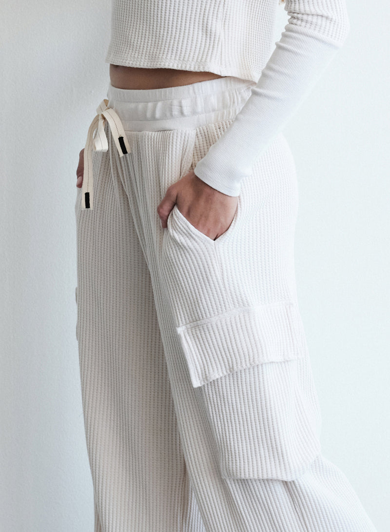 Luxe Thermal Drawstring Cargo Pant in Cream-waist/ pocket details