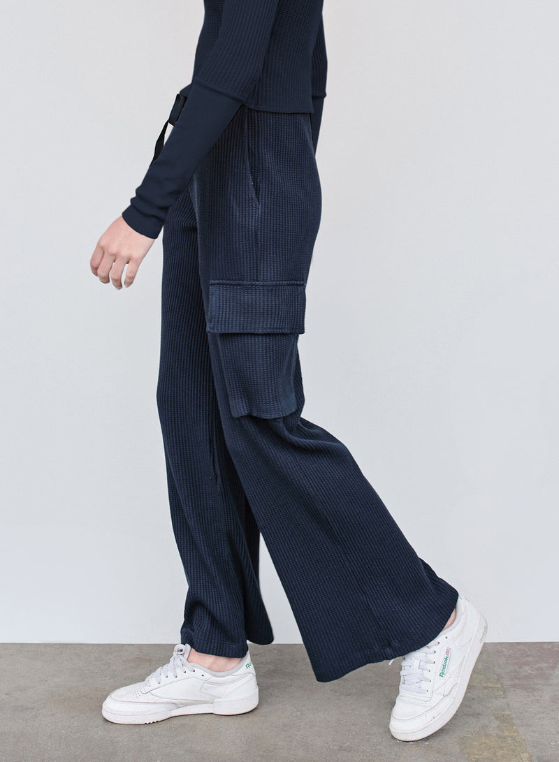 Luxe Thermal Drawstring Cargo Pant in New Navy left side
