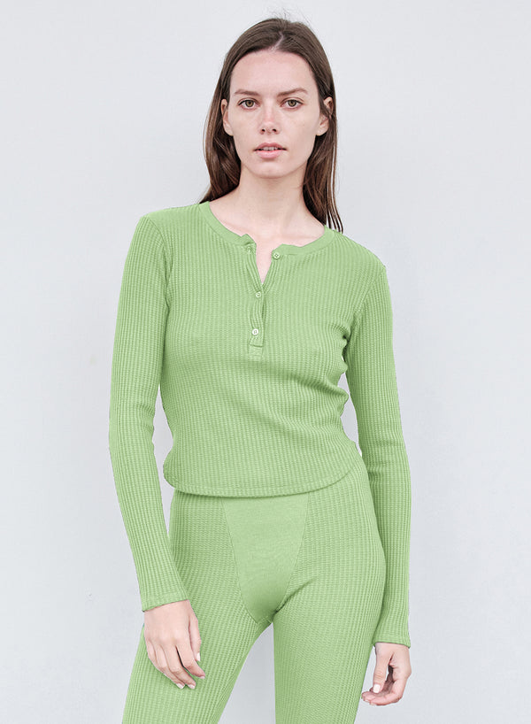 Luxe Thermal Henley Top in Wasabi front view