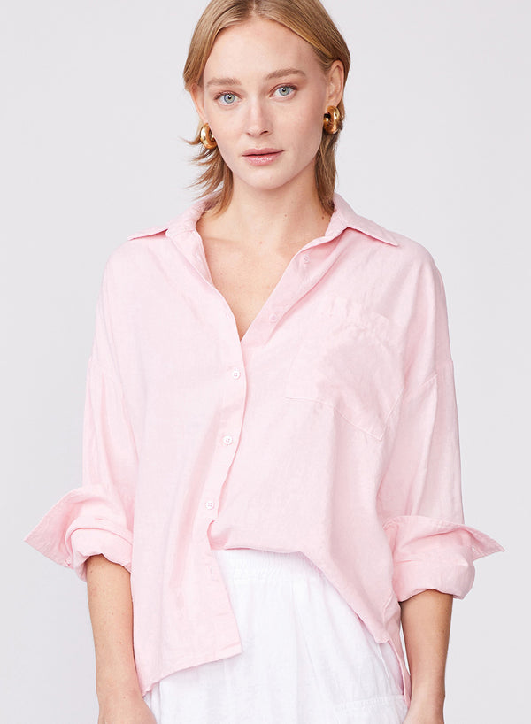 Linen Oversized Shirt in French Pink - front view tucked 