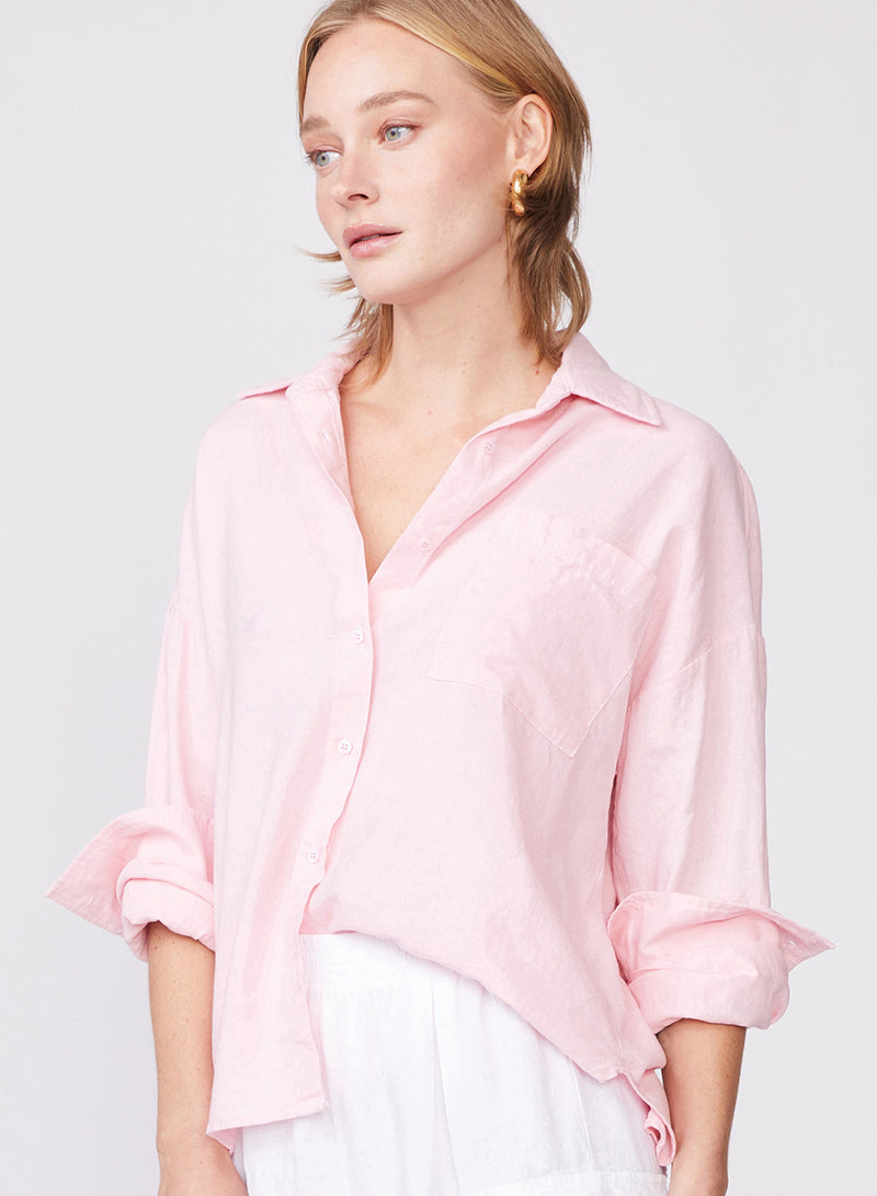 Linen Oversized Shirt in French Pink - front left