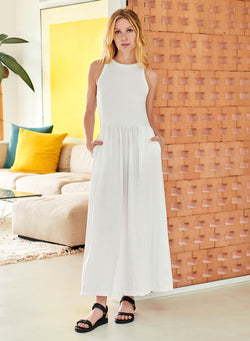 Linen Mixed Media High Neck Dress in White - front hands in pocket