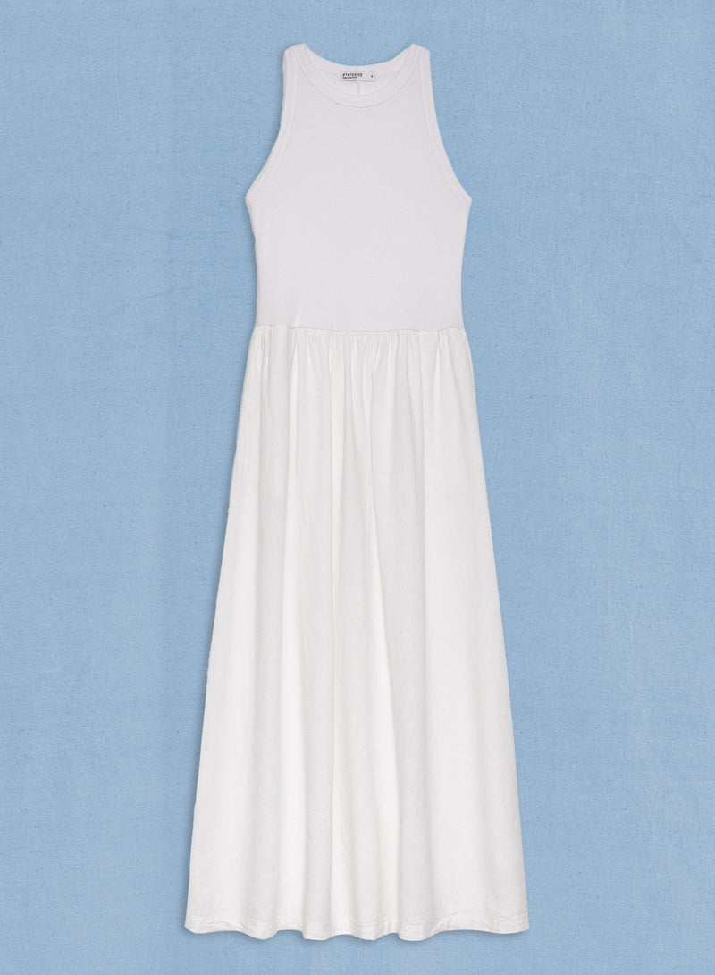 Linen Mixed Media High Neck Dress in White - front flat lay