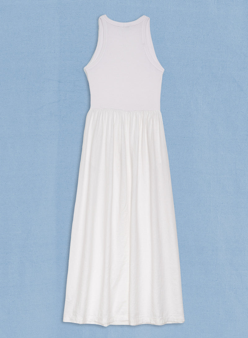 Linen Mixed Media High Neck Dress in White - back flat lay