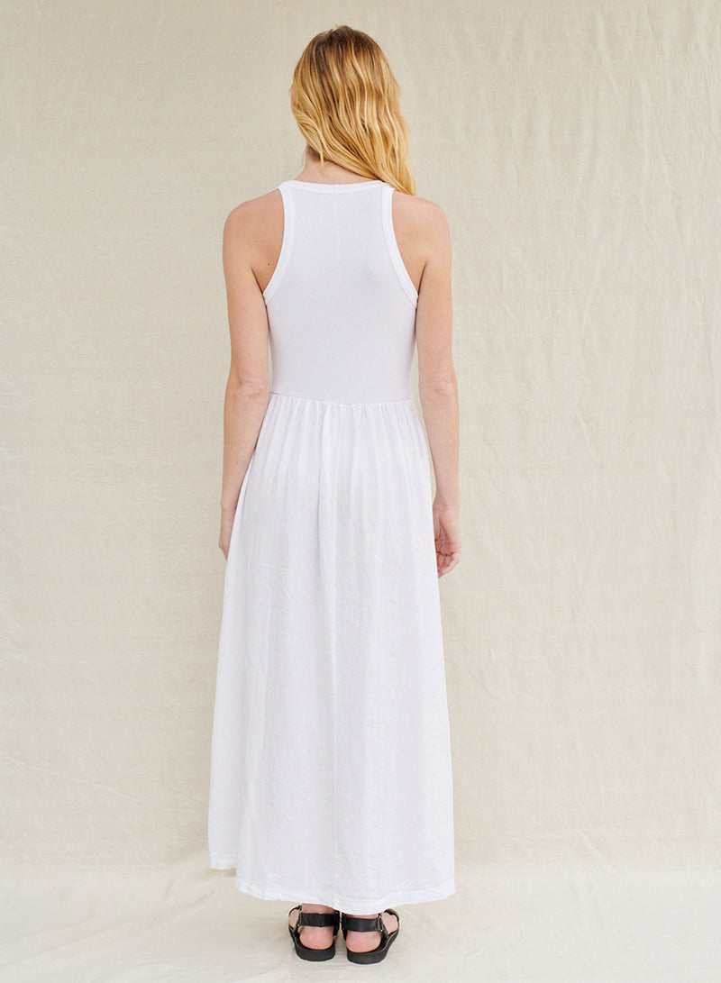 Linen Mixed Media High Neck Dress in White - back