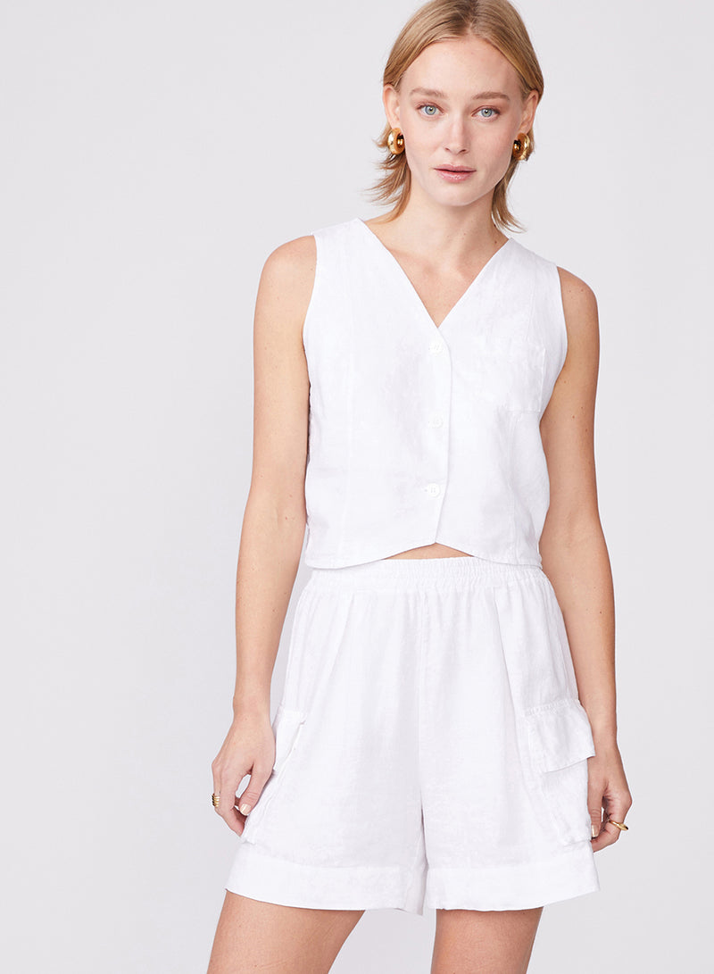 Linen Cargo Short in White - front paired with vest