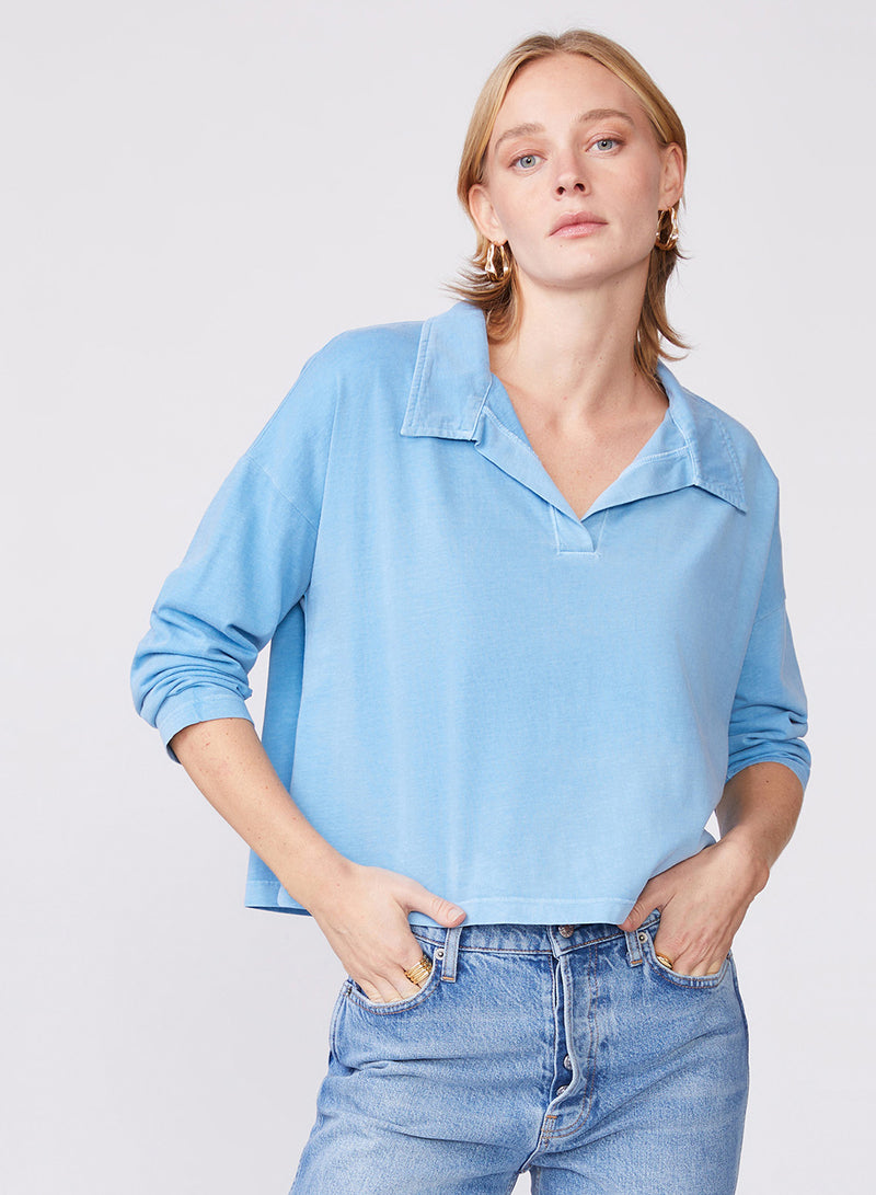 Cloud Jersey Johnny Collar Tee in Bebe - front paired with denim