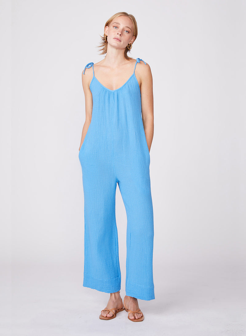 Gauze Tie Shoulder Jumpsuit in Sail - front standing hands in pocket