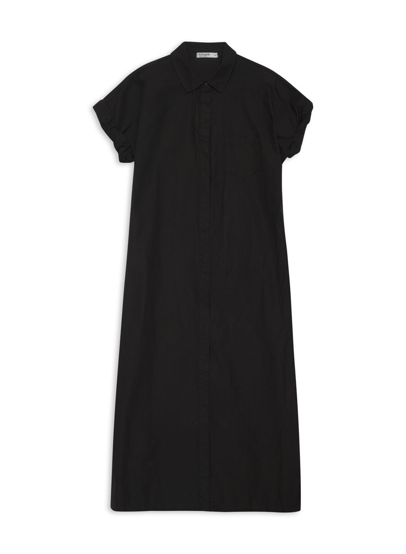 Structured Poplin Rolled Sleeve Midi Shirt Dress in Black