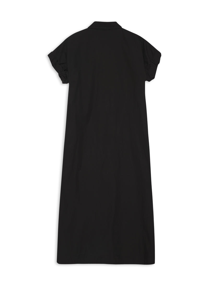 Structured Poplin Rolled Sleeve Midi Shirt Dress in Black