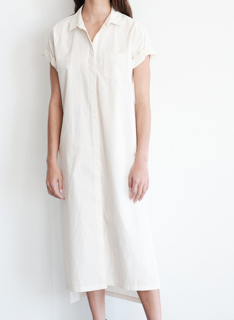 Structured Poplin Rolled Sleeve Midi Shirt Dress in Cream