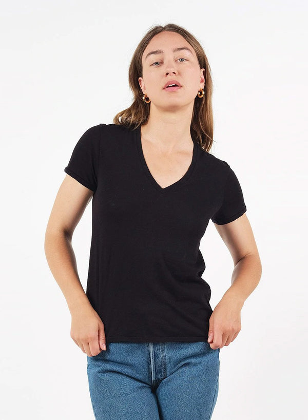 Supima Slub Short Sleeve V-Neck T-Shirt in Black
