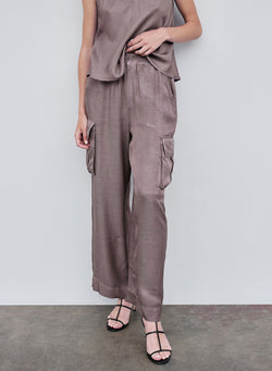 Viscose Satin Cargo Pant in Walnut front close up