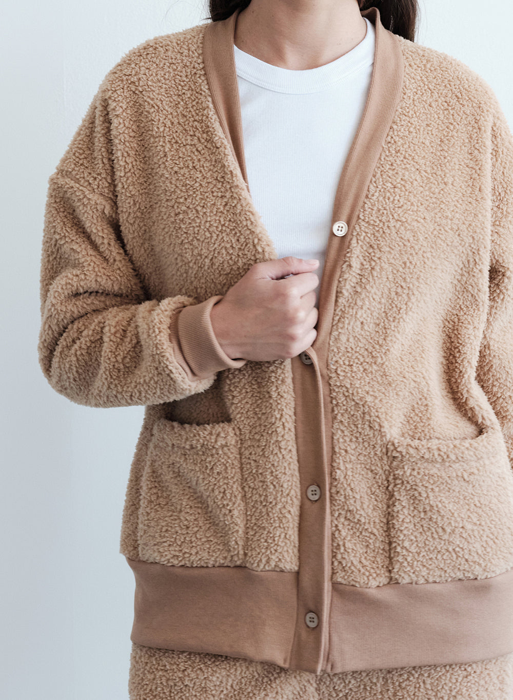 Double Faced Sherpa Oversized Cardigan in Teddy – shopstateside.us