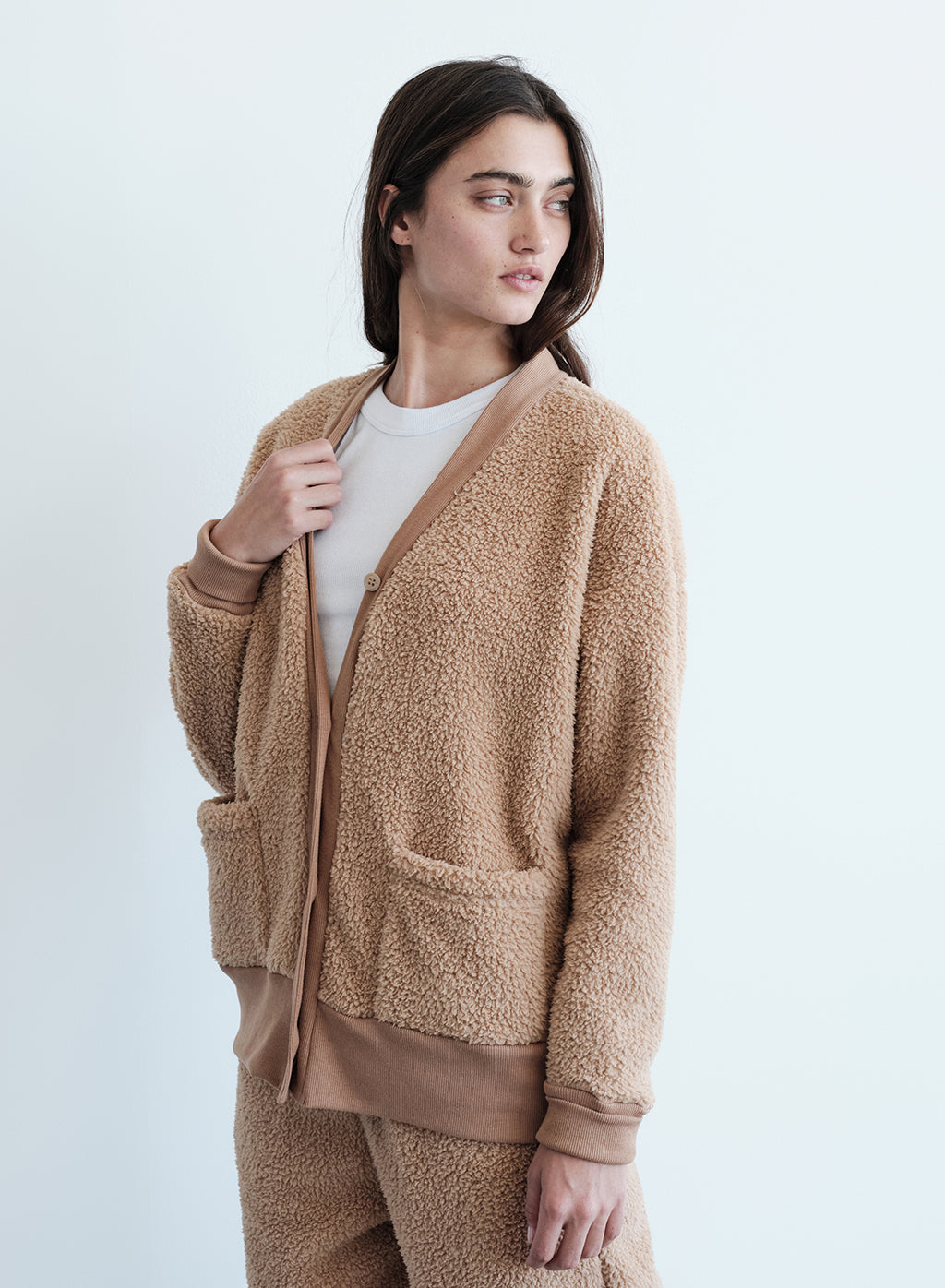 Double Faced Sherpa Oversized Cardigan in Teddy