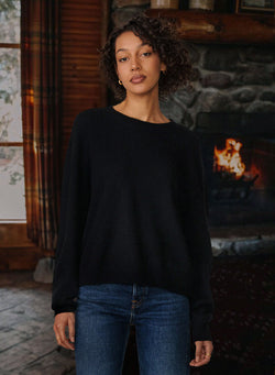 Brushed Cashmere Crew Sweater in Black-fireplace in back