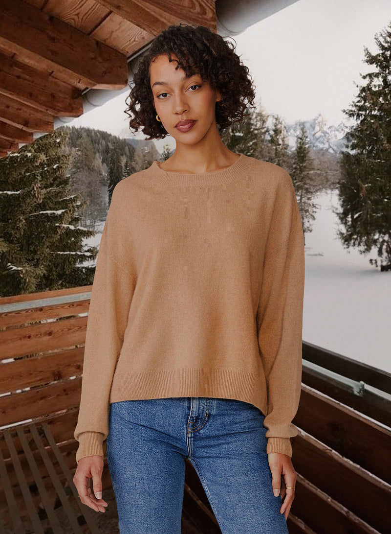 Brushed Cashmere Crew Sweater in Camel-campaign image with snow in the back