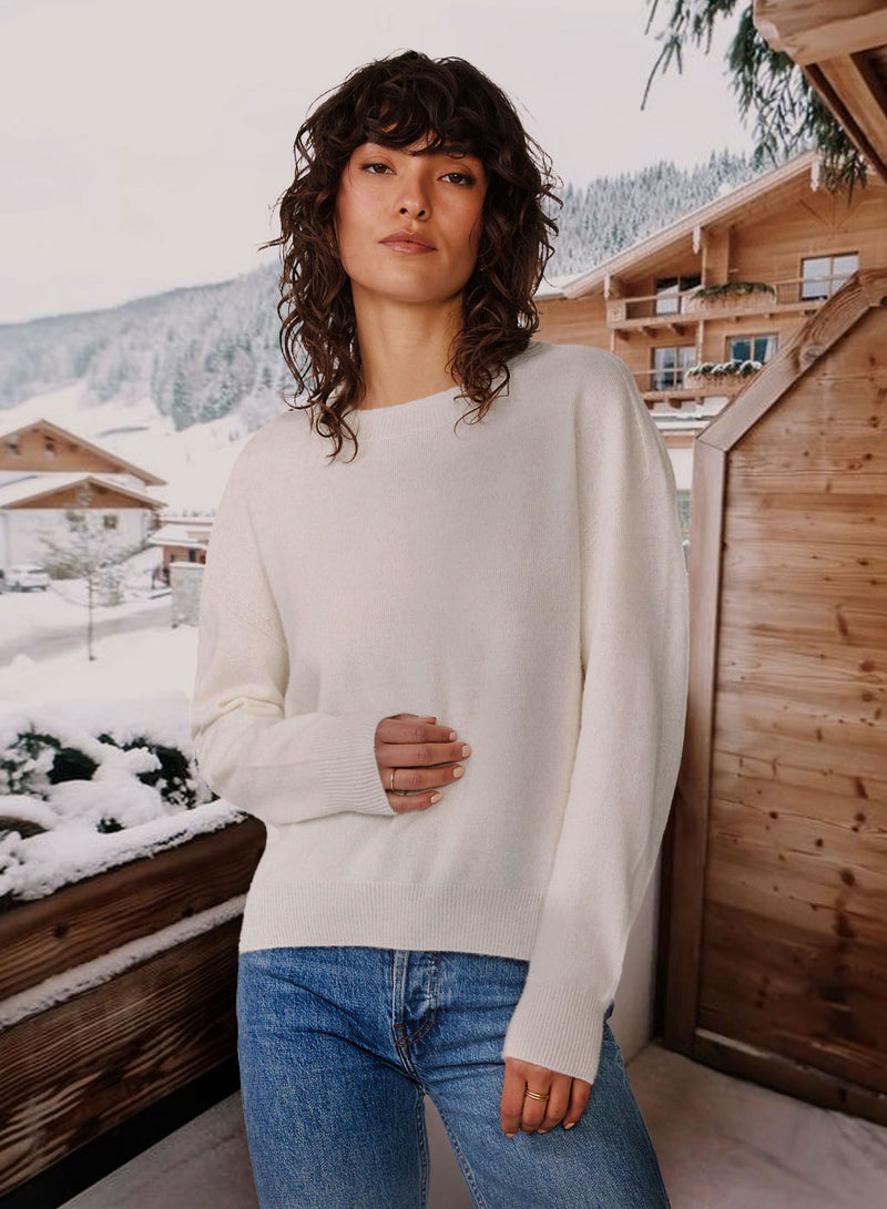 Stateside Brushed Cashmere Crew Sweater in Cream-snow in the background