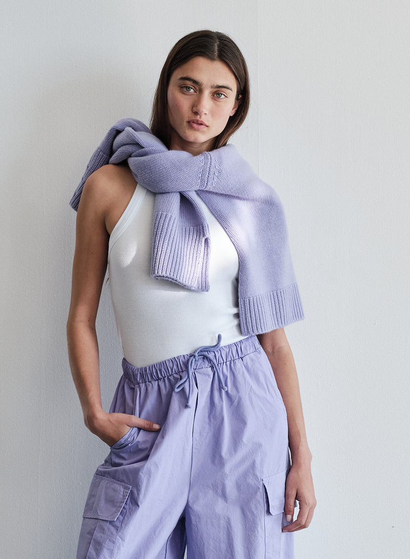 Cozy Cashmere Blend Turtleneck Sweater in Iris tied at shoulders