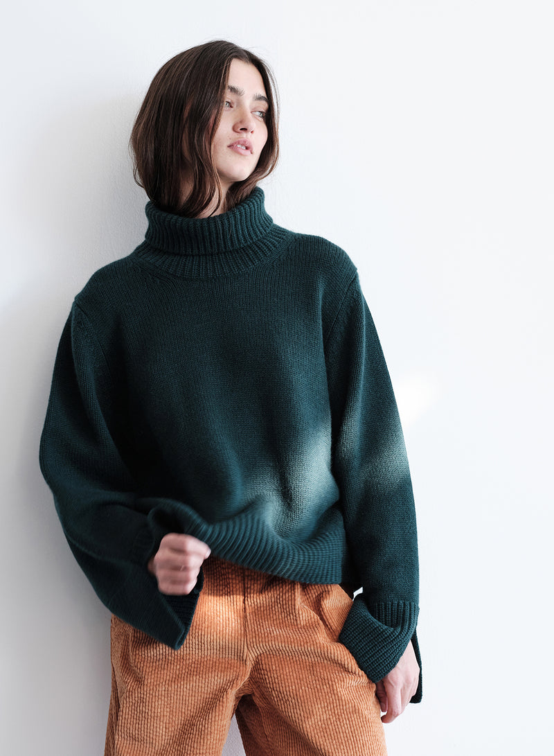 Cozy Cashmere Blend Turtleneck Sweater in Rainforest looking right