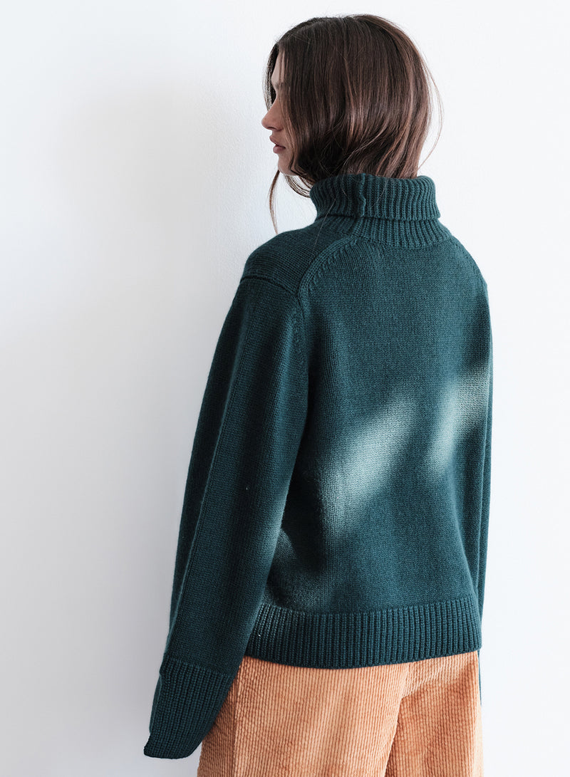 Cozy Cashmere Blend Turtleneck Sweater in Rainforest 3/4 back view