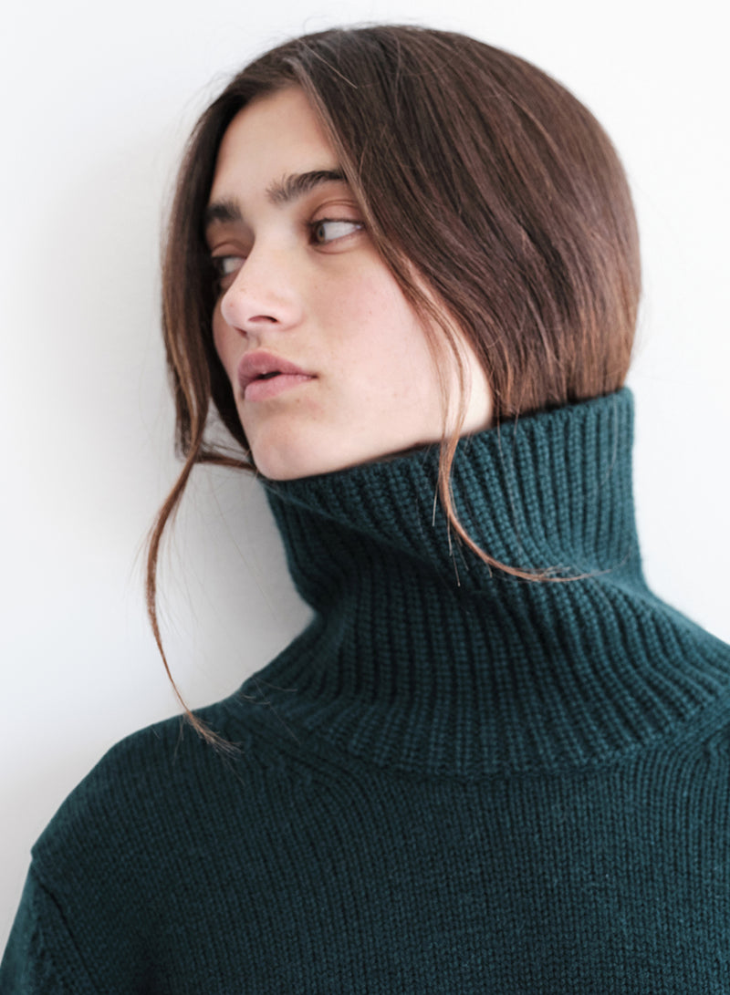 Cozy Cashmere Blend Turtleneck Sweater in Rainforest close up looking left