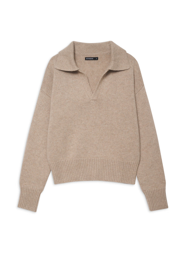 Wool/Cashmere Johnny Collar Sweater in Camel-flat lay front