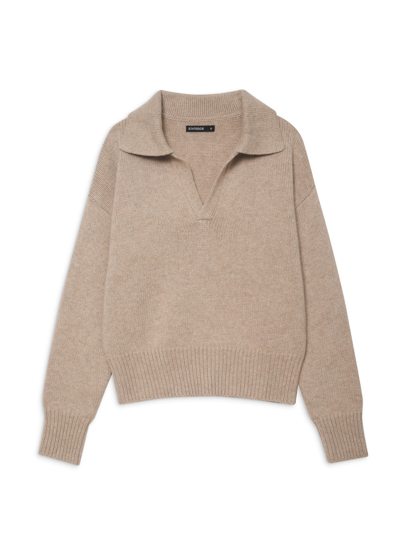 Wool/Cashmere Johnny Collar Sweater in Camel-flat lay front