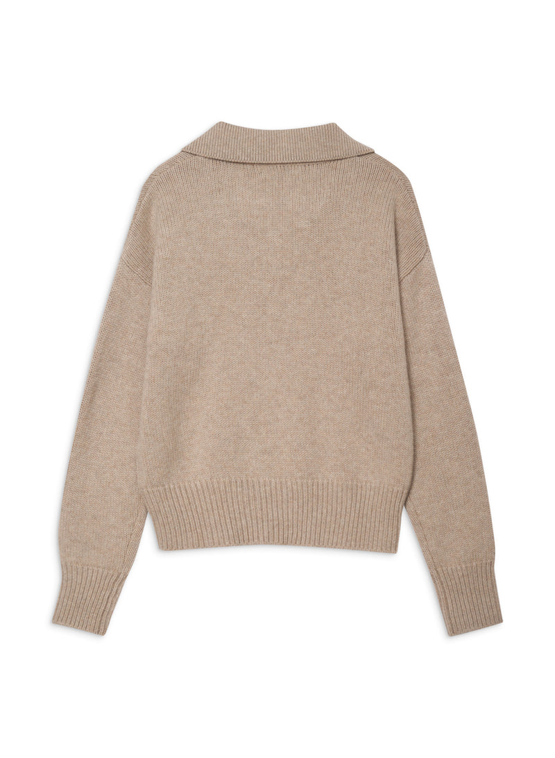 Wool/Cashmere Johnny Collar Sweater in Camel-flat lay back