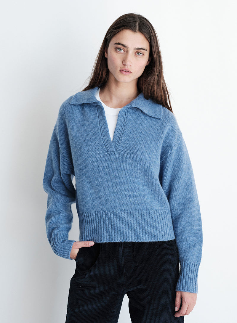 Cozy Cashmere Blend Johnny Collar Sweater in Denim – shopstateside.us