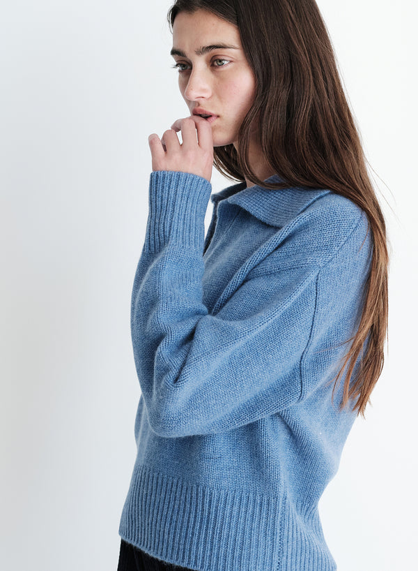 Wool/Cashmere Johnny Collar Sweater in Denim-side