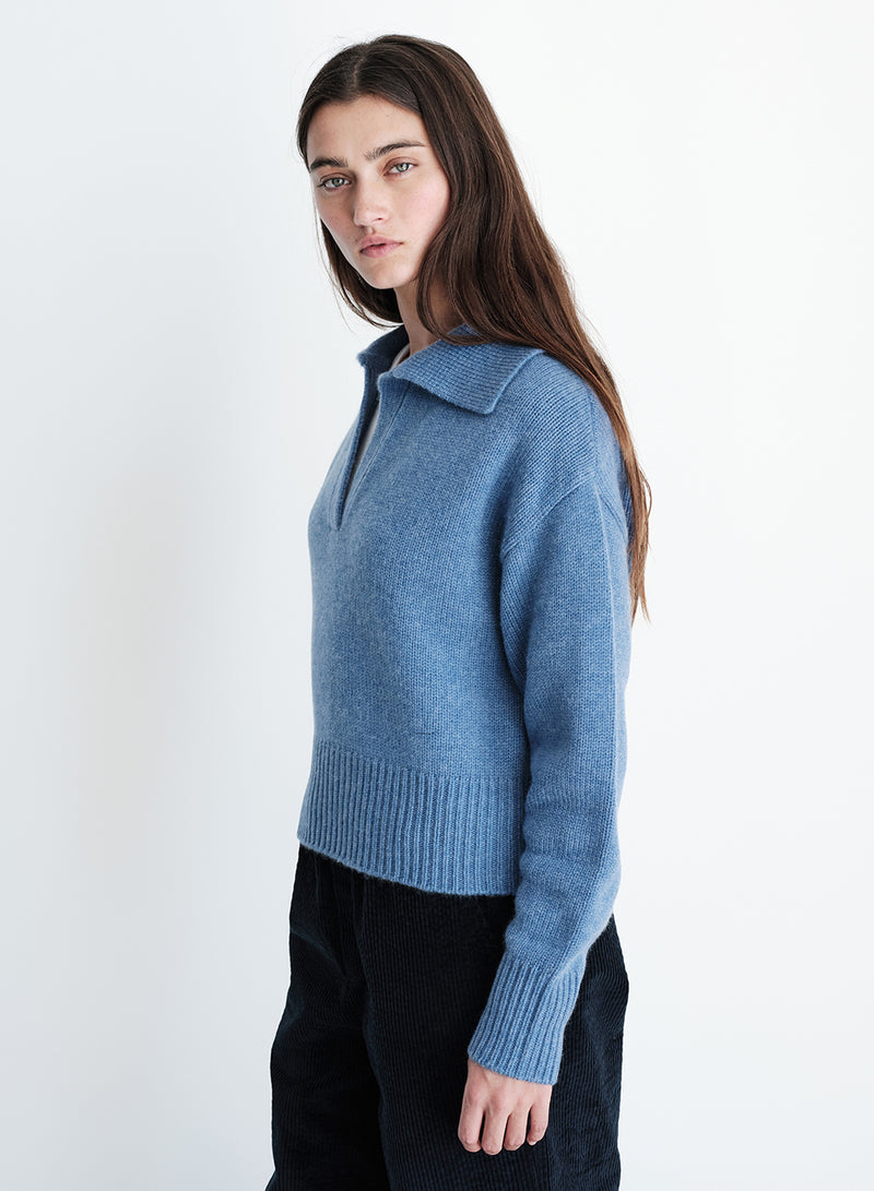 Wool/Cashmere Johnny Collar Sweater in Denim-3/4 side